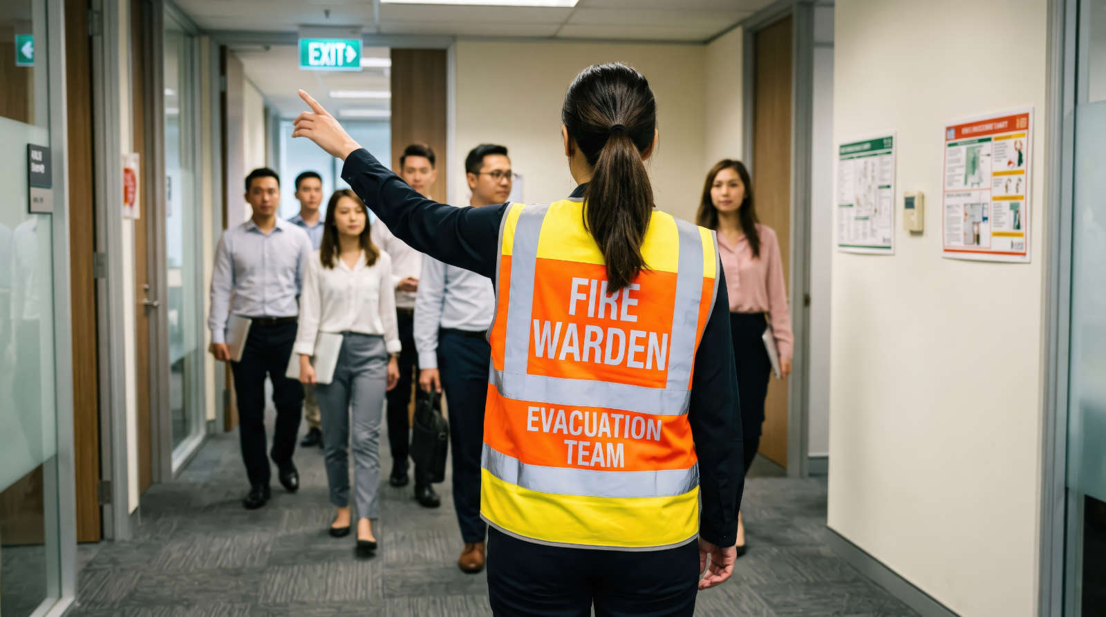 Female fire warden directing office employees during an evacuation drill. Woman in high visibility vest pointing towards exit sign in hallway. Workplace safety training and emergency preparedness concept