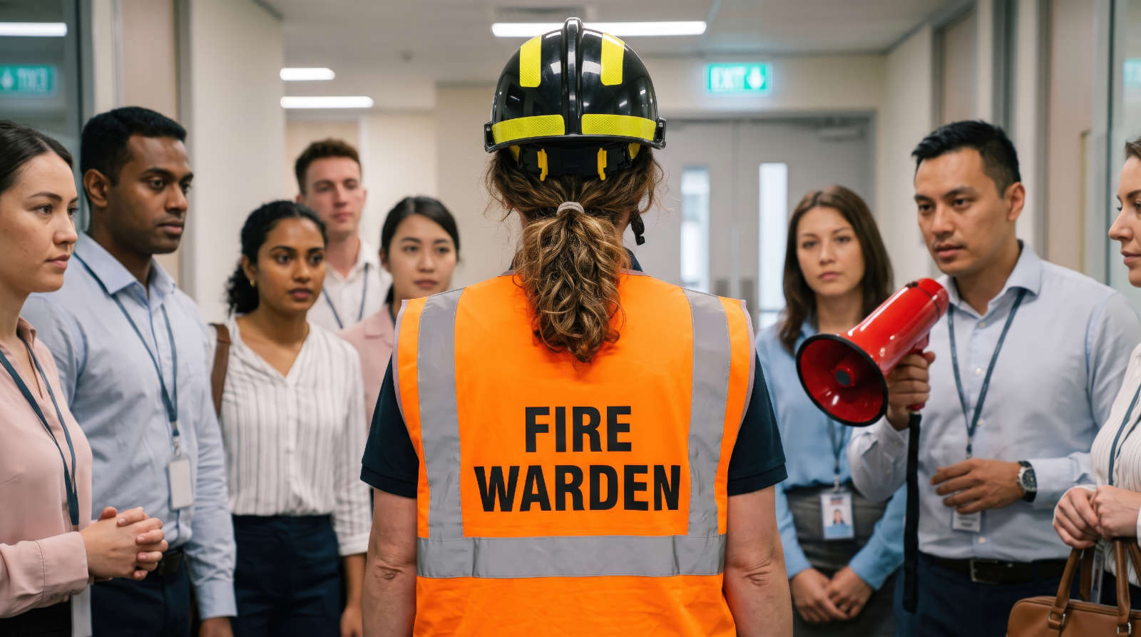 Fire warden in high visibility vest and hard hat instructing diverse office employees during a drill. Workplace safety and emergency evacuation procedure concept. Man holding red megaphone